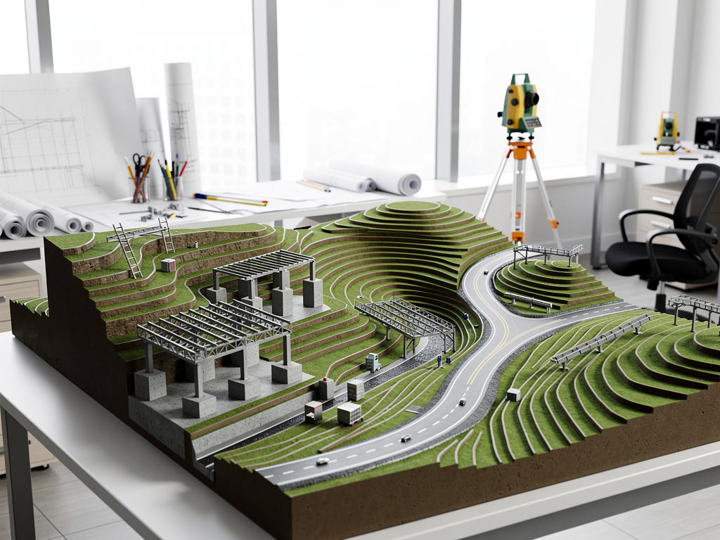 Maqueta topográfica de ingeniería civil con carreteras, terrazas de terreno, estructuras y equipo de medición en oficina de arquitectura