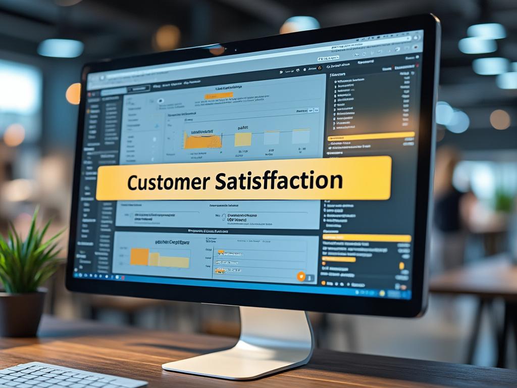 Computer screen displaying a customer satisfaction dashboard with charts and graphs in a modern office environment.