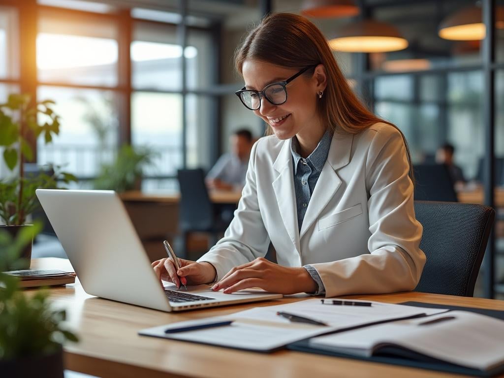 Mujer sonriente con gafas trabajando en laptop en oficina moderna, plantas decorativas y documentos sobre la mesa. Mujer sonriente con gafas trabajando en laptop en oficina moderna, plantas decorativas y documentos sobre la mesa.