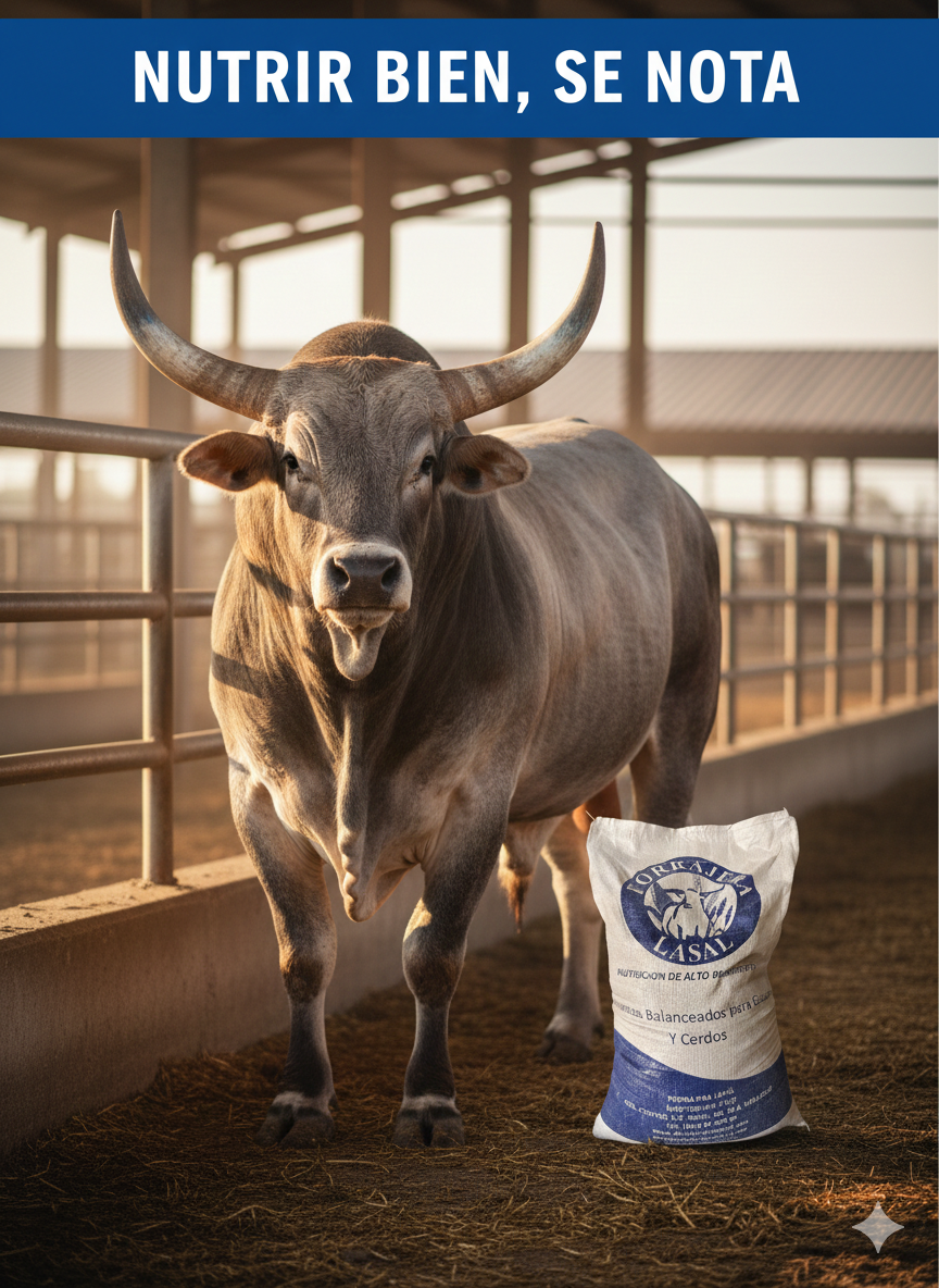 A robust bull standing next to a bag of balanced feed in a barn, with the slogan 'Nutrir Bien, Se Nota' displayed above.