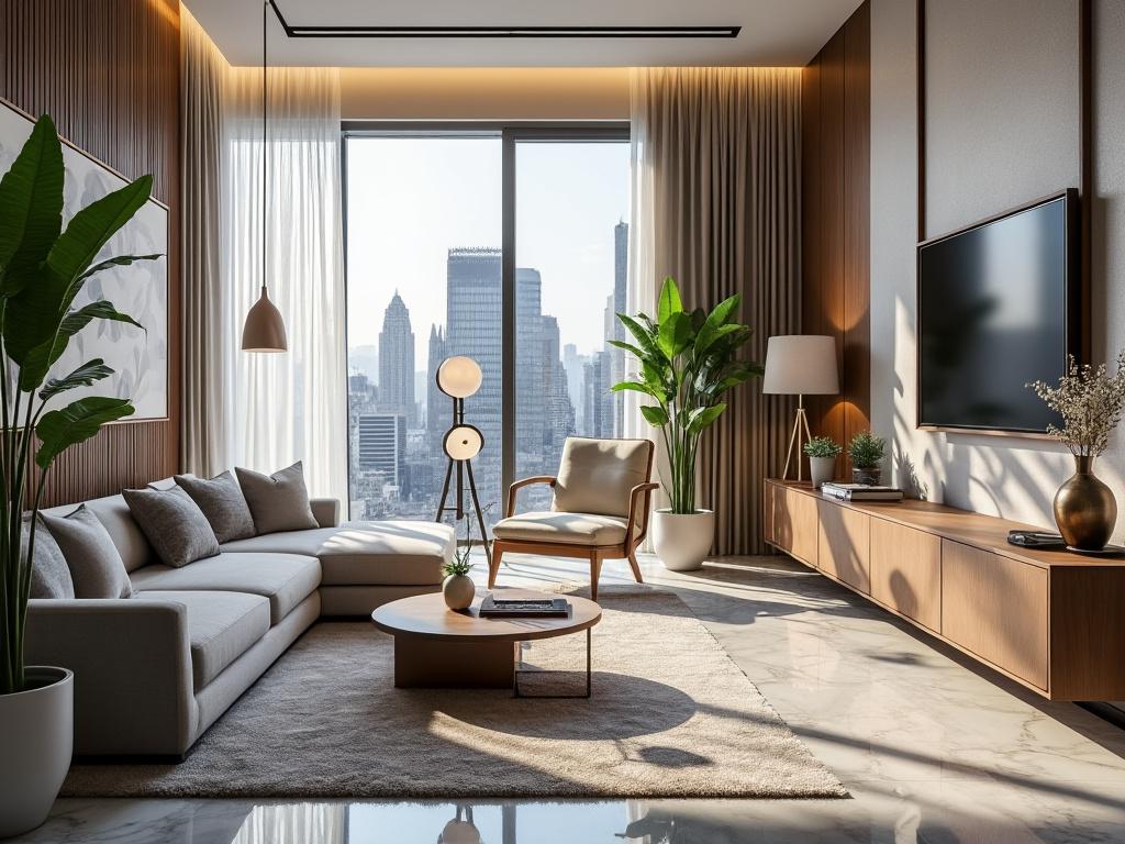 Moderno salón con sofá en forma de L, mesa de centro de madera clara, plantas de interior, y gran ventana con vista a la ciudad.