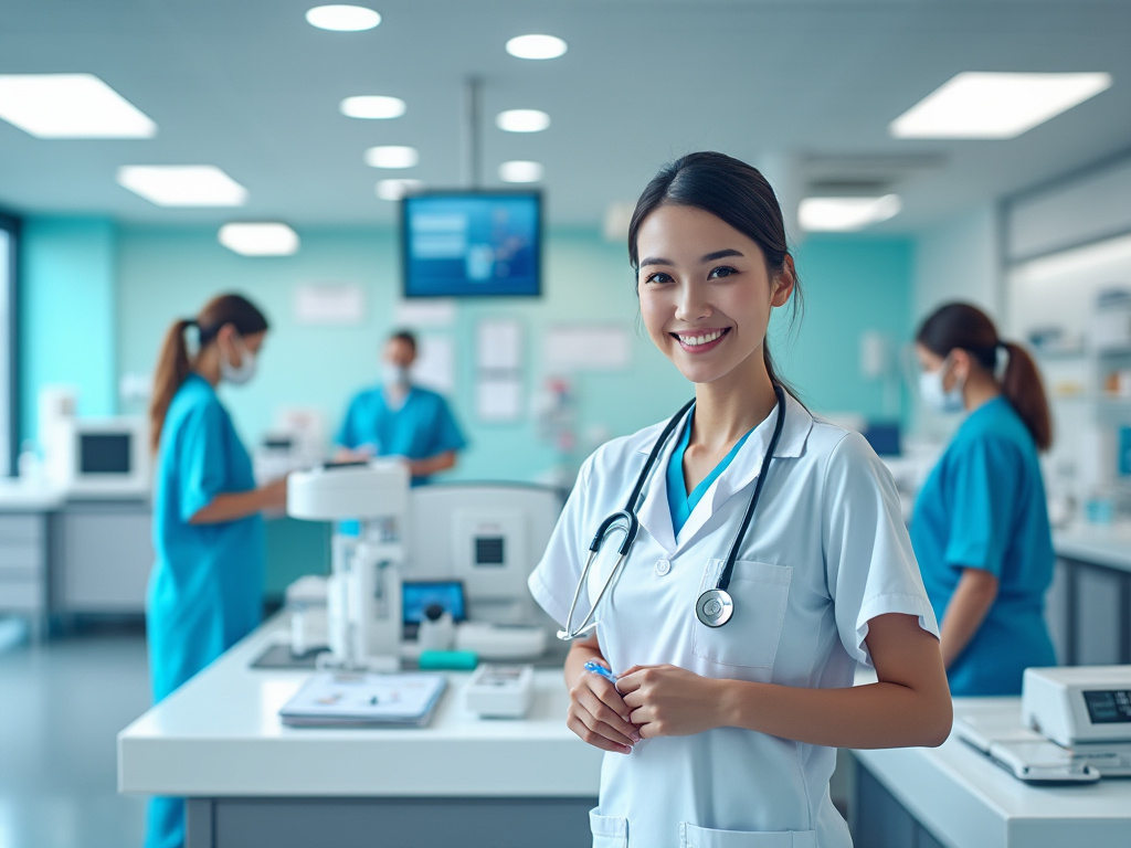 Médica sonriente con estetoscopio en un laboratorio moderno, con otros médicos en segundo plano.