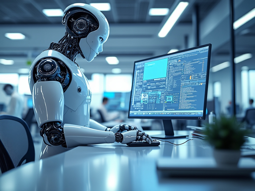 Robot humanoide programando en un ordenador en una oficina moderna, desarrollo de inteligencia artificial y software
