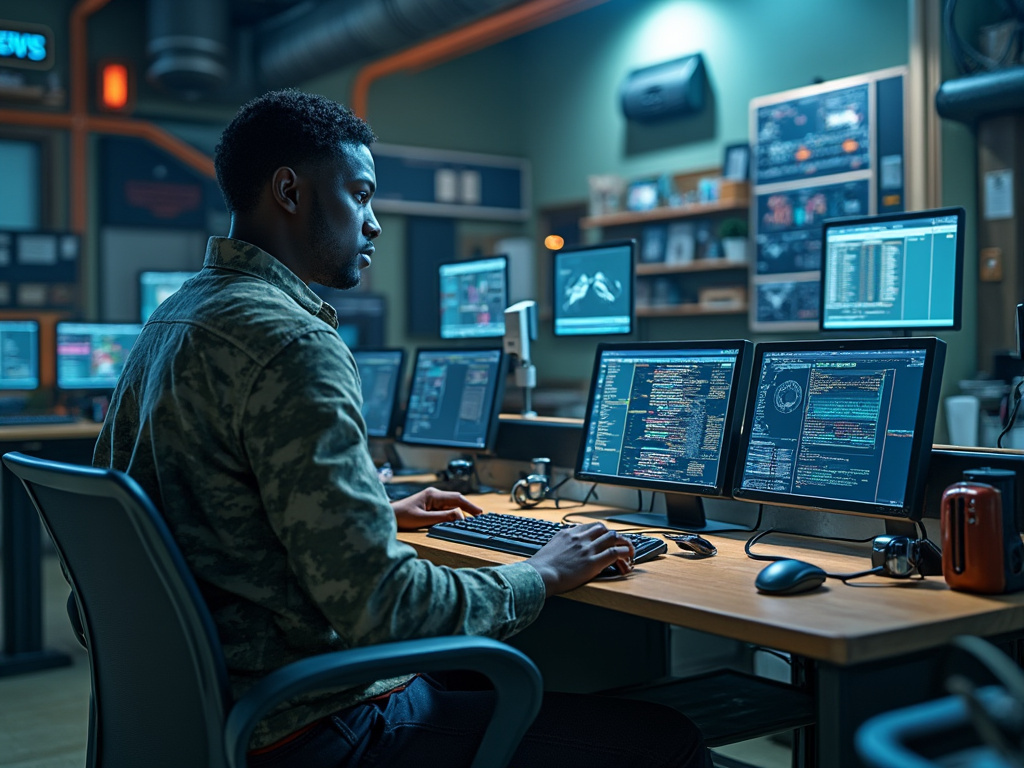 Cybersecurity analyst in military-style uniform monitoring code and network dashboards on multiple screens in a high-tech control room