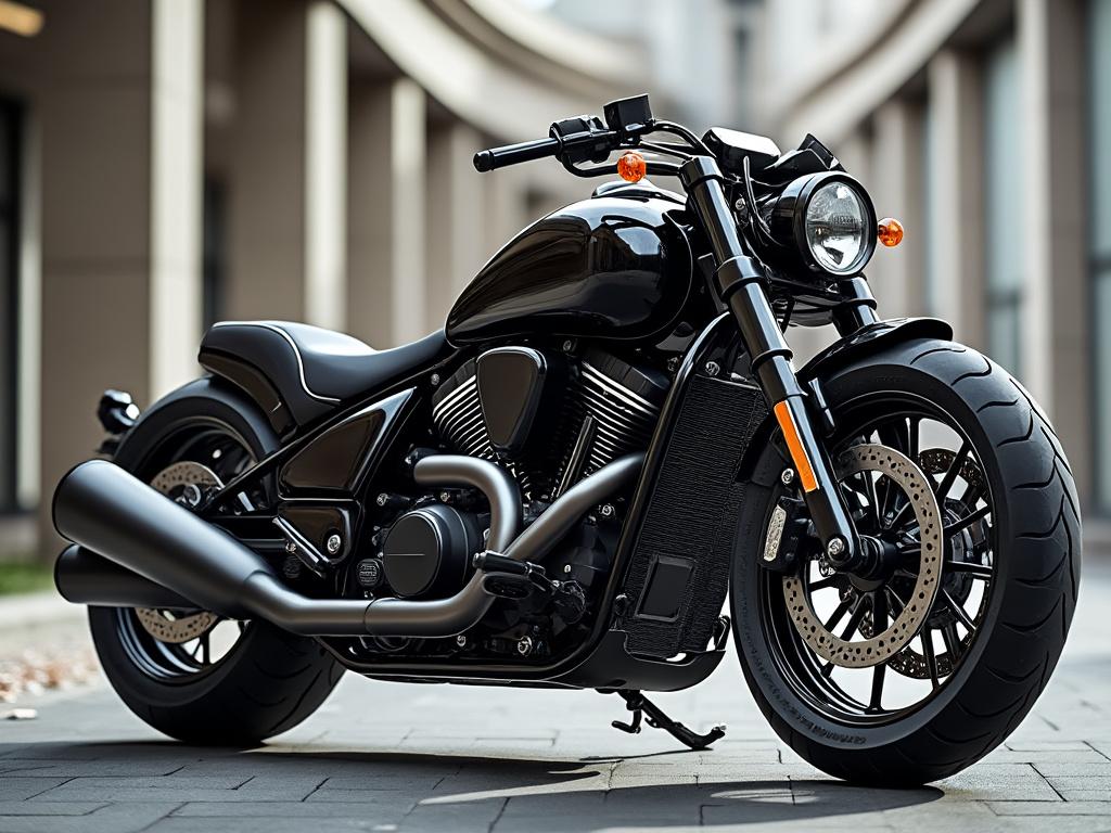 Motocicleta negra moderna estacionada en una acera con un diseño elegante y urbano.