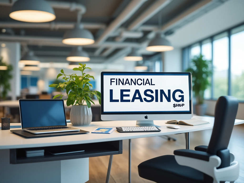 Oficina moderna con enfoque en una pantalla de ordenador que muestra 'Financial Leasing', portátil y planta sobre el escritorio.