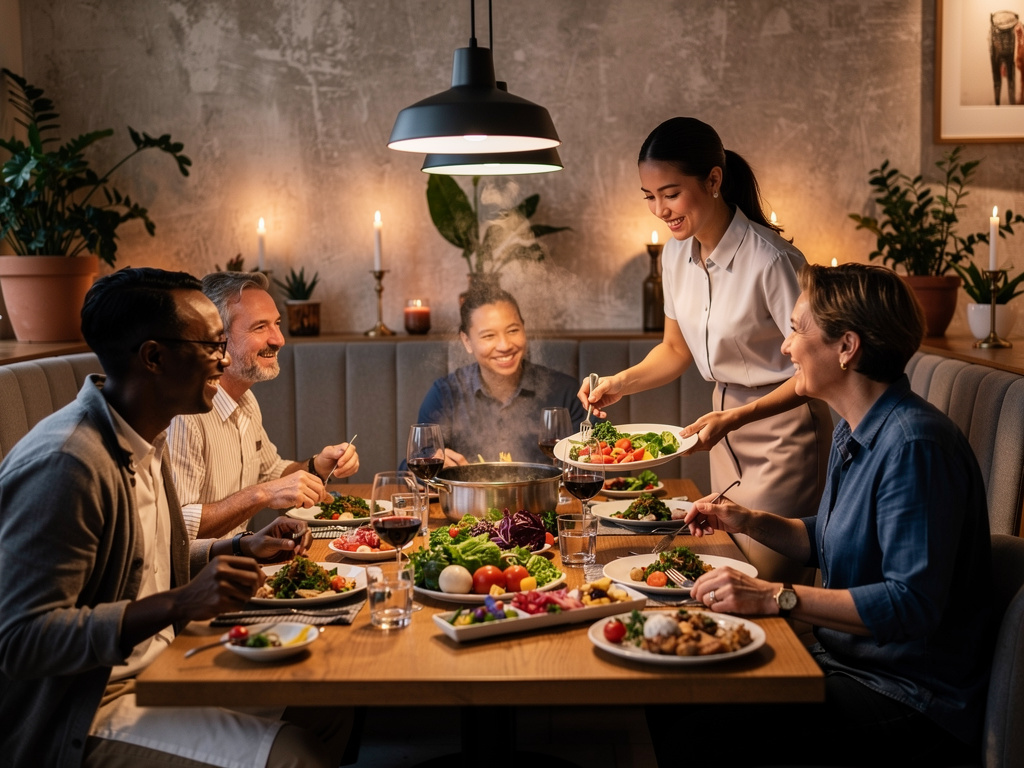 Grupo de amigos disfrutando una cena saludable en restaurante acogedor con camarera sirviendo ensalada fresca