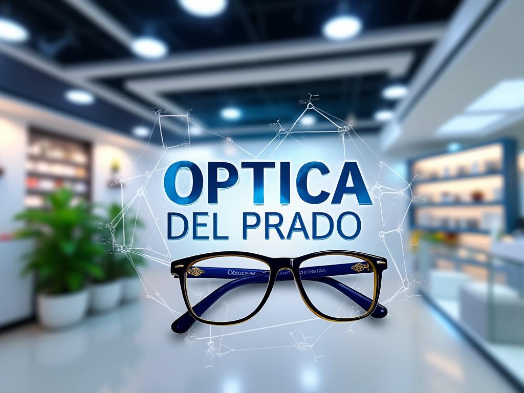 Gafas frente al cartel de Óptica del Prado en un moderno entorno de tienda con plantas y estantes difuminados. Gafas frente al cartel de Óptica del Prado en un moderno entorno de tienda con plantas y estantes difuminados.