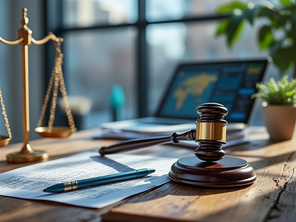 Sala de oficina con un mazo de juez sobre documentos legales, balanza de justicia y computadora portátil.