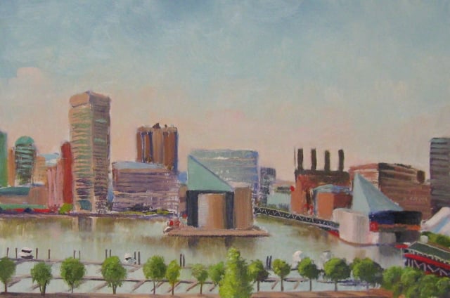 26. Baltimore Harbor, from Federal Hill Park, 8x12 oil on panel
