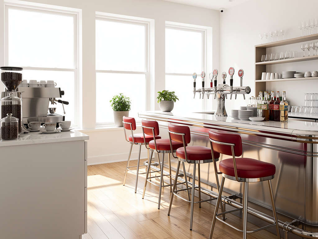 Bar moderno y luminoso con taburetes rojos, cafetera espresso, grifos de cerveza y estanterías con copas