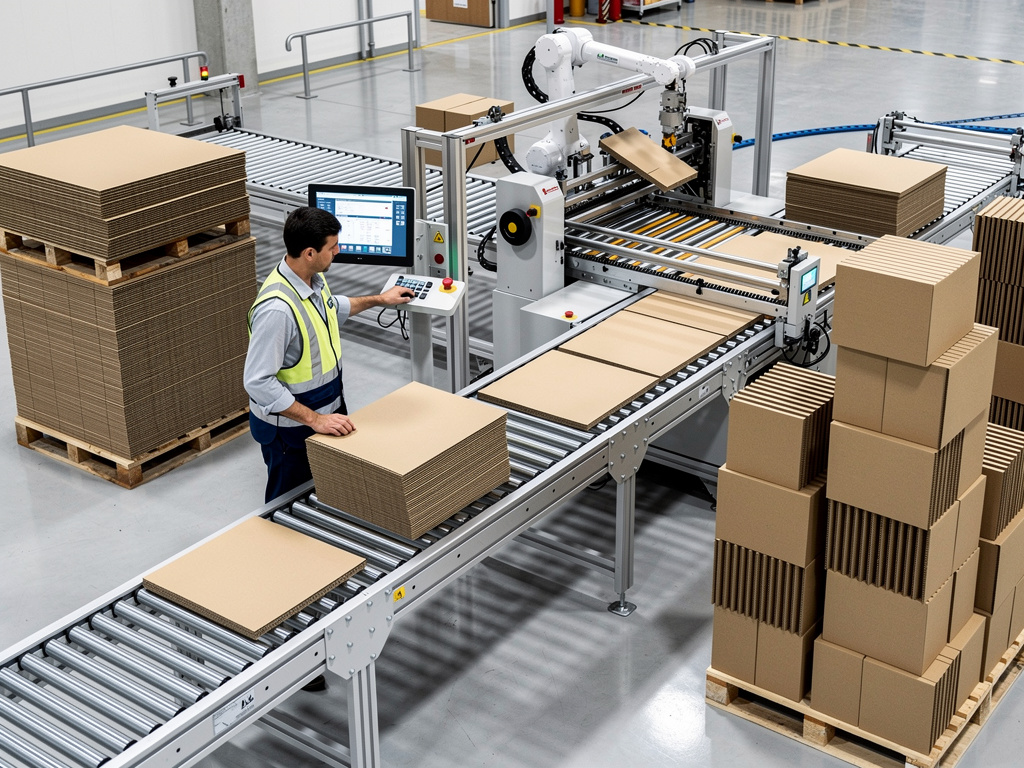 Línea automatizada de embalaje con brazo robótico, cintas transportadoras y operario manipulando láminas de cartón en fábrica