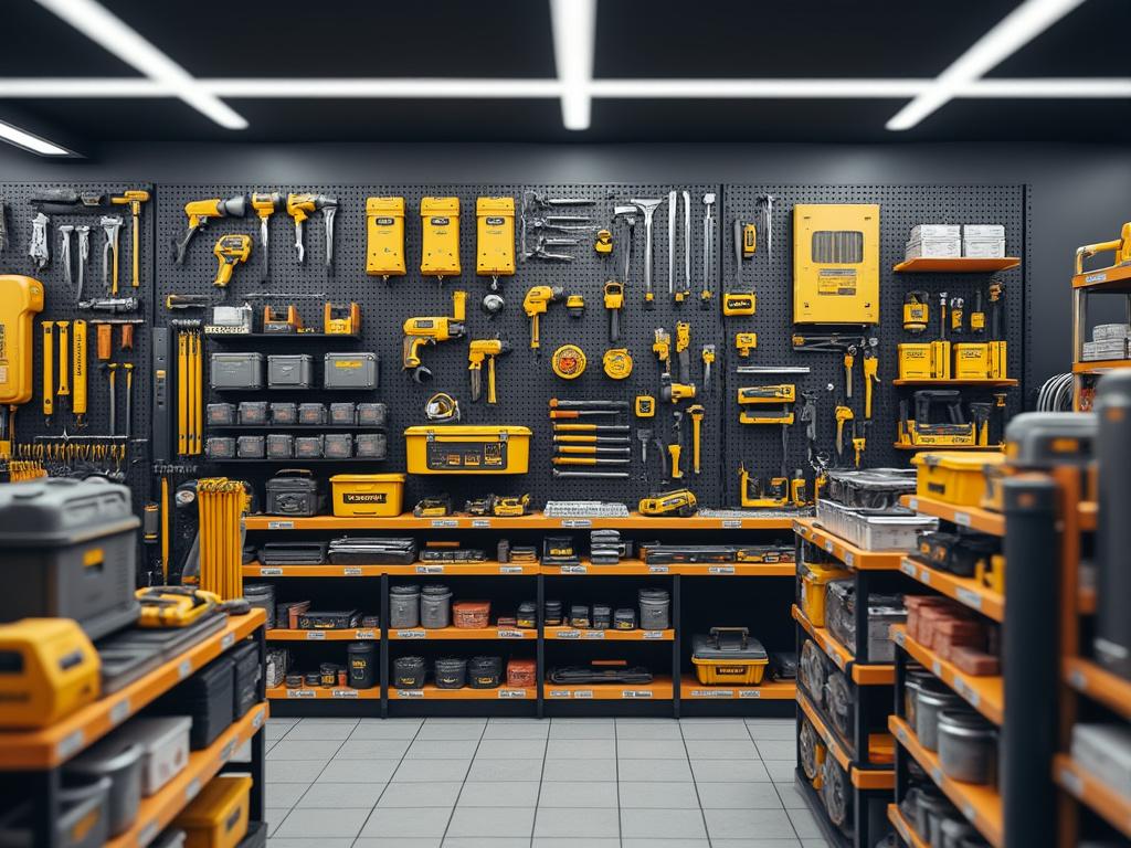 Tienda de herramientas con estanterías llenas de herramientas amarillas y negras organizadas en un tablero perforado.