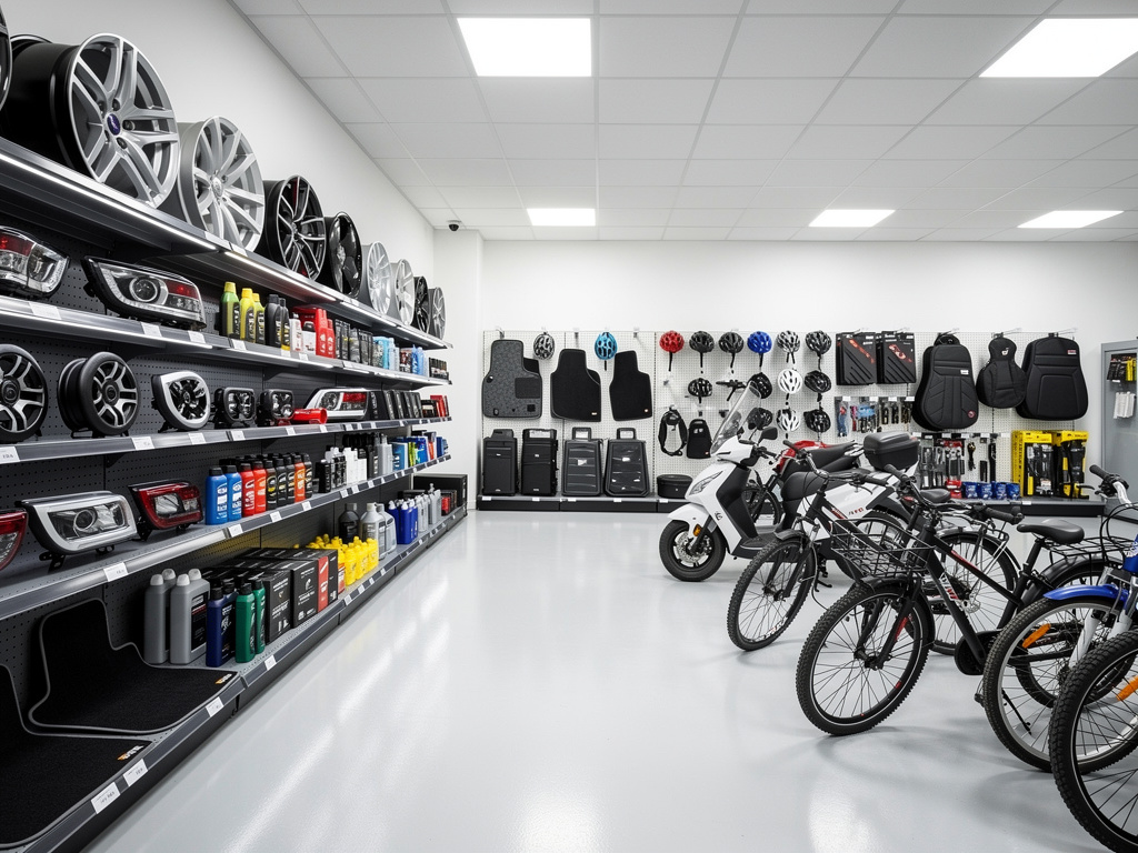 Tienda de accesorios para vehículos con llantas, repuestos, productos de mantenimiento, bicicletas y scooter eléctrico