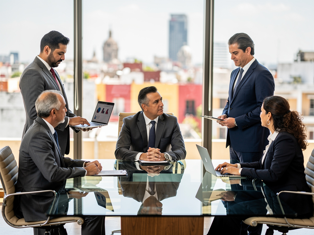 Ejecutivos en reunión de negocios en sala de juntas moderna con vista urbana y gráficos en laptops
