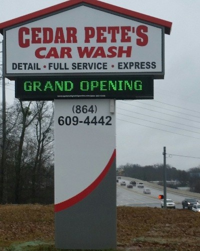 New Car Wash Greenville, SC – Combination ID signage and monochrome green digital reader