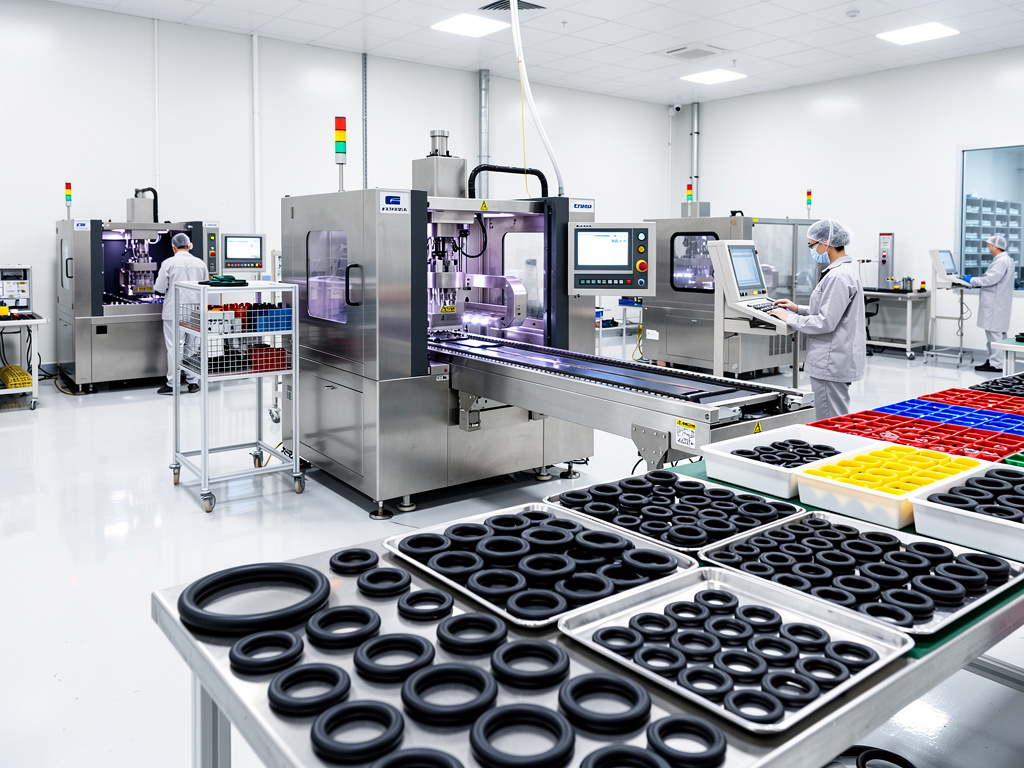 Sala limpia de fabricación industrial con máquinas automatizadas y operarios produciendo juntas tóricas de caucho