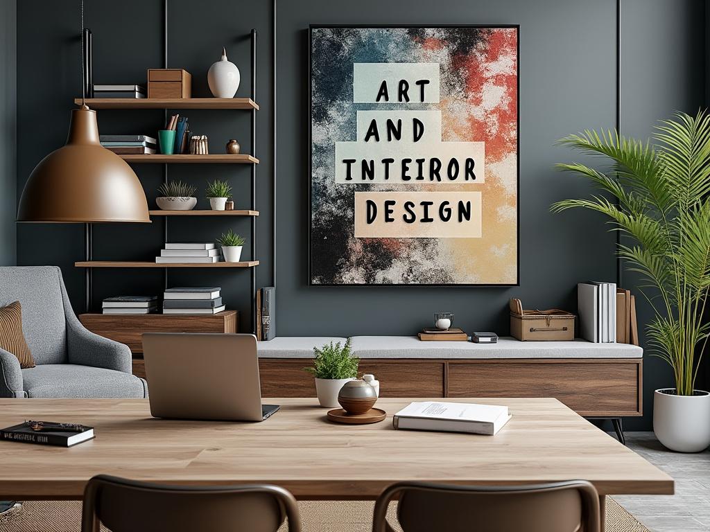 Moderno salón de estar con decoración minimalista, estanterías de madera, arte en pared y plantas, junto a una mesa de trabajo con portátil.