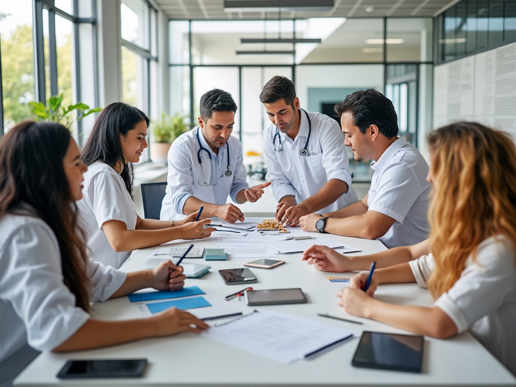 Grupo de médicos trabajando en equipo en una sala de reuniones, revisando documentos y tomando notas.