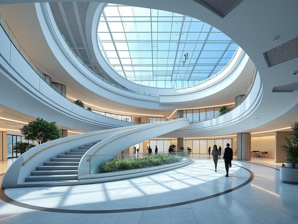 Interior de edificio moderno con escalera curva, techo acristalado y plantas decorativas.