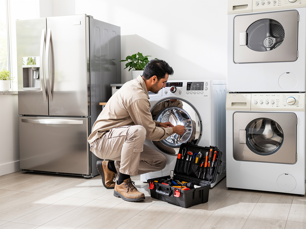 Técnico reparando lavadora en lavandería moderna con caja de herramientas, secadora y refrigerador de acero inoxidable Técnico reparando lavadora en lavandería moderna con caja de herramientas, secadora y refrigerador de acero inoxidable