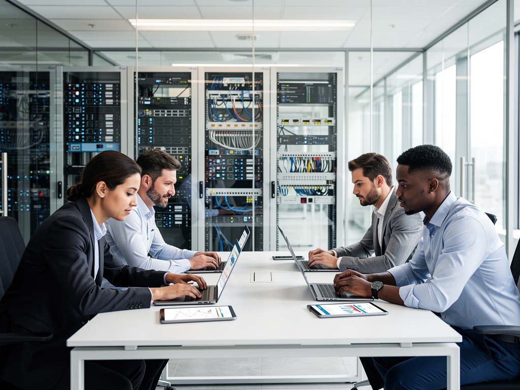 Equipo de profesionales de TI trabajando con portátiles en sala de servidores moderna con racks de red y paneles de datos