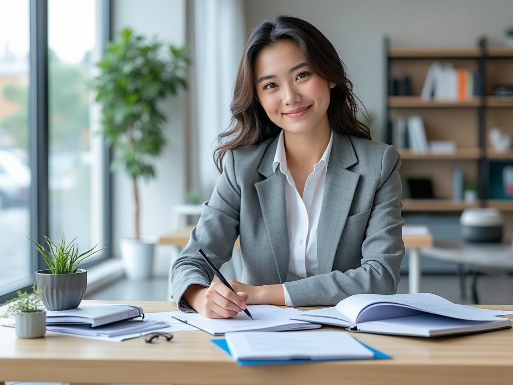 Mujer joven sonriendo en una oficina moderna, vestida con un traje gris, sentada en un escritorio con documentos y una planta.