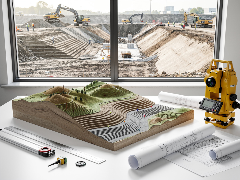 Modelo topográfico de terreno con estación total, planos de construcción y excavadoras trabajando en obra civil