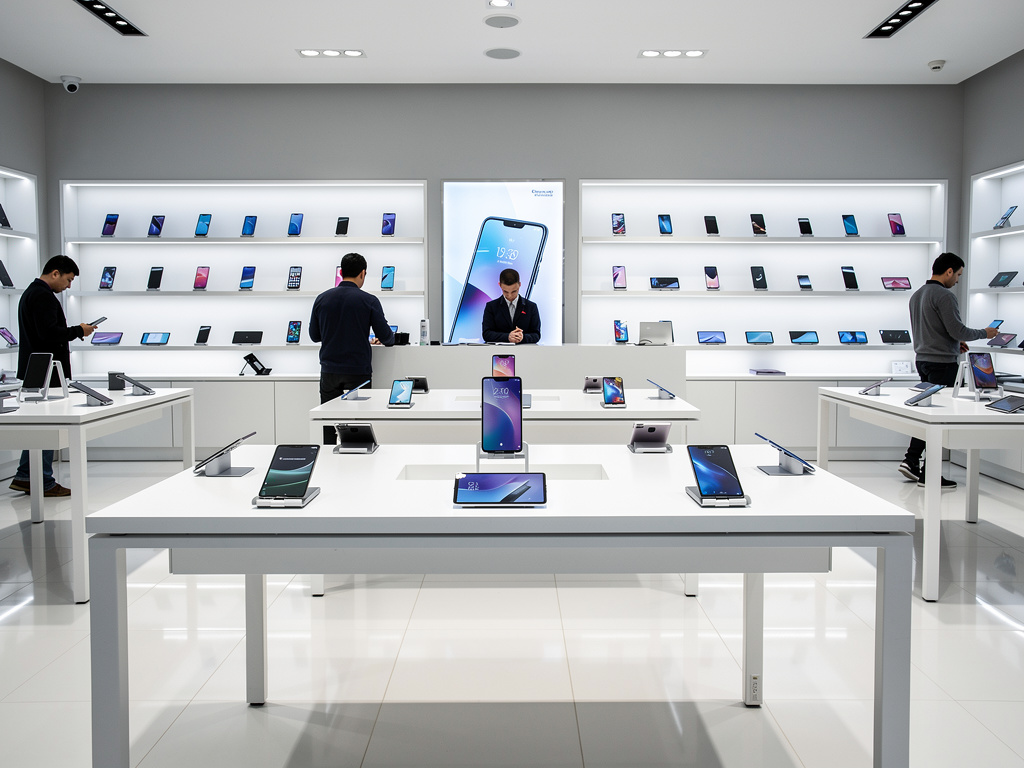 Tienda moderna de smartphones y tablets con dispositivos en exhibición y clientes probando tecnología