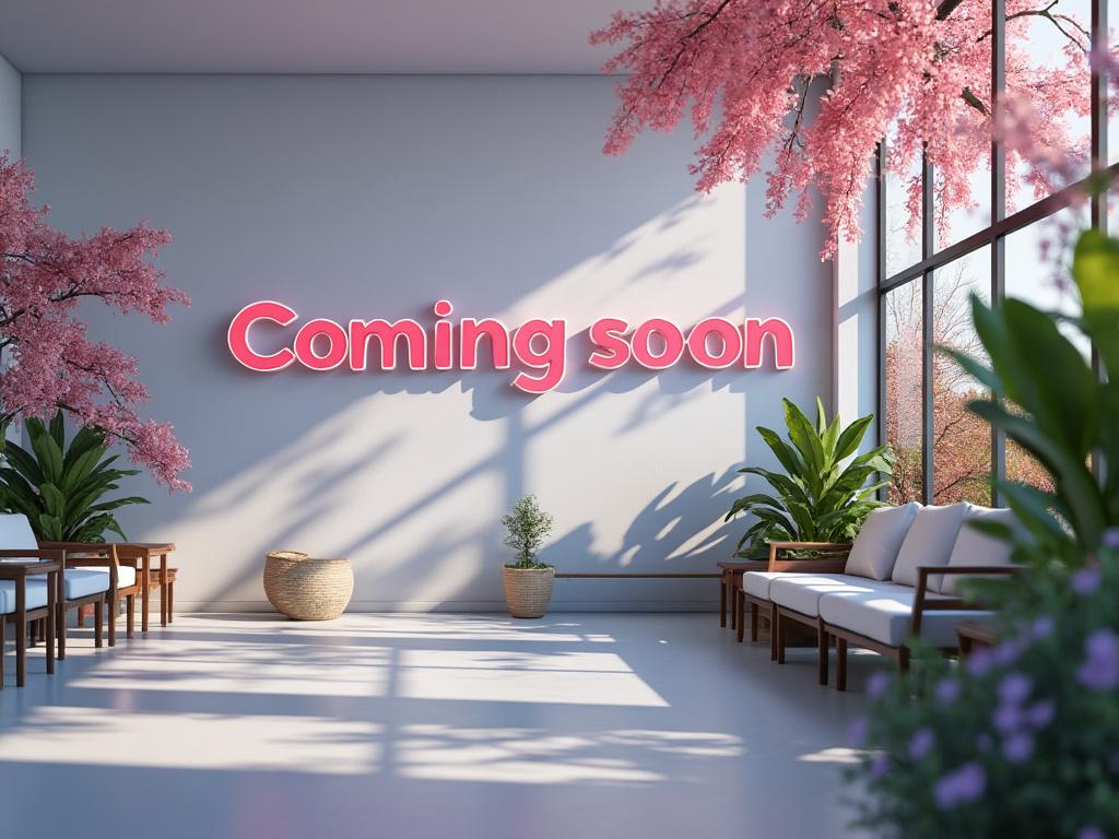 Modern lounge with pink 'Coming Soon' sign, surrounded by cherry blossom trees and indoor plants, flooded with natural light.