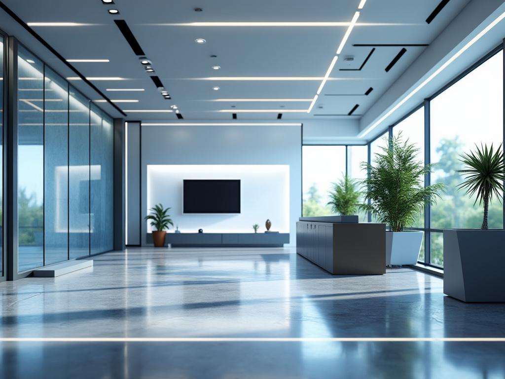 Oficina moderna con decoración minimalista, plantas en macetas y grandes ventanas panorámicas.