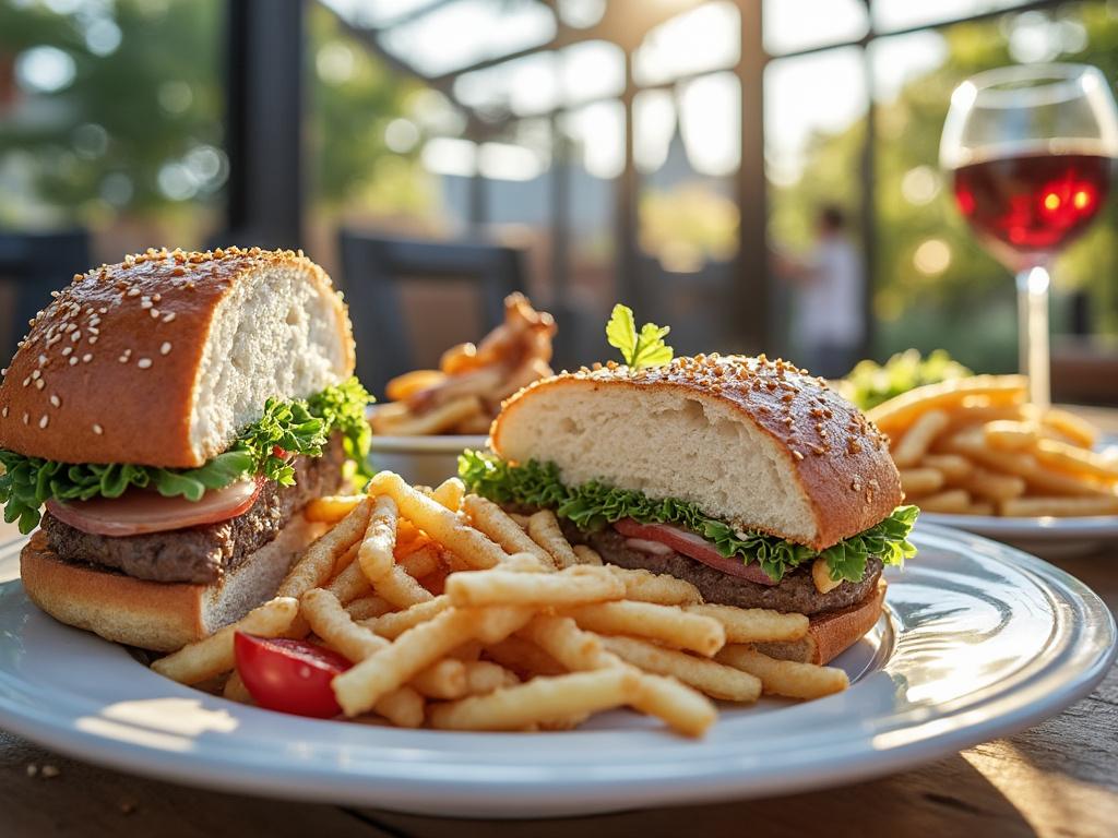 Delicious burger with lettuce and tomato, served with crispy fries and a glass of red wine in a sunlit outdoor setting.