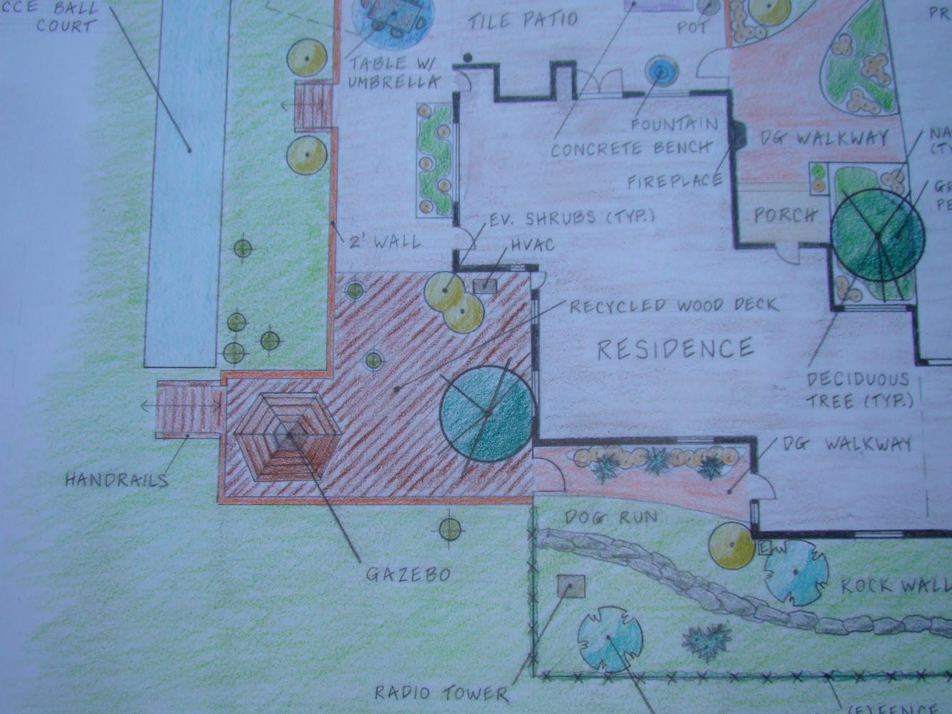 Detail of side and backyard with Gazebo overlooking the creek, Bocce Ball court and Dog Run area with tough, dog-resistant plantings