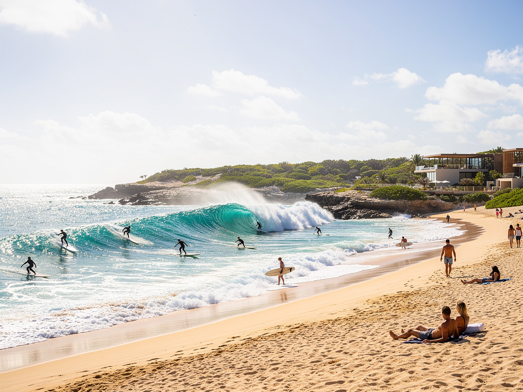 Surfistas cabalgando grandes olas en una playa soleada con arena dorada, bañistas y casas frente al mar