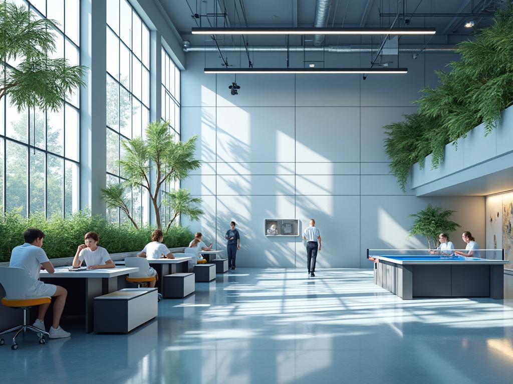 Modern office space with large windows, indoor plants, and people working at desks.