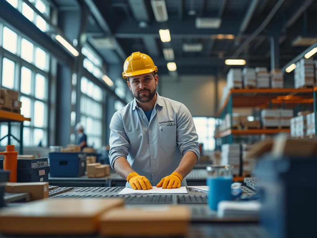 Man wearing hard hat and gloves working in a warehouse, surrounded by shelves and boxes.