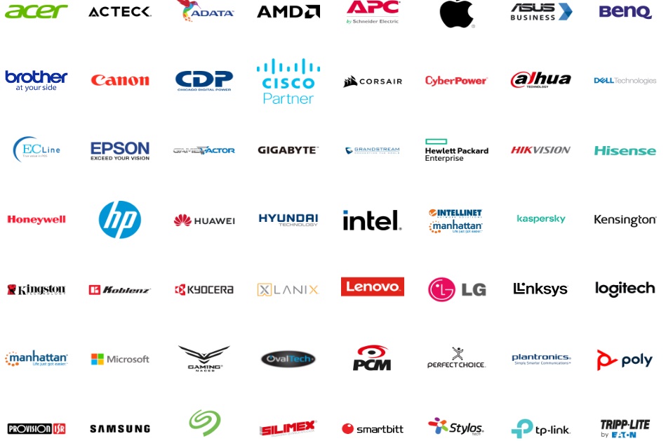 Logotipos de diversas marcas de tecnología, incluyendo Acer, AMD, Apple, Canon, Dell, HP, Intel, Lenovo, LG, Microsoft, Samsung y TP-Link, dispuestos en filas sobre un fondo blanco.