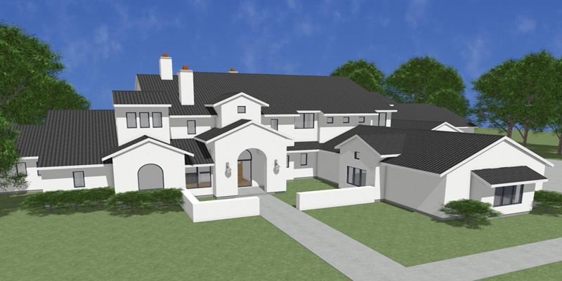 A drawing of a home with a fence