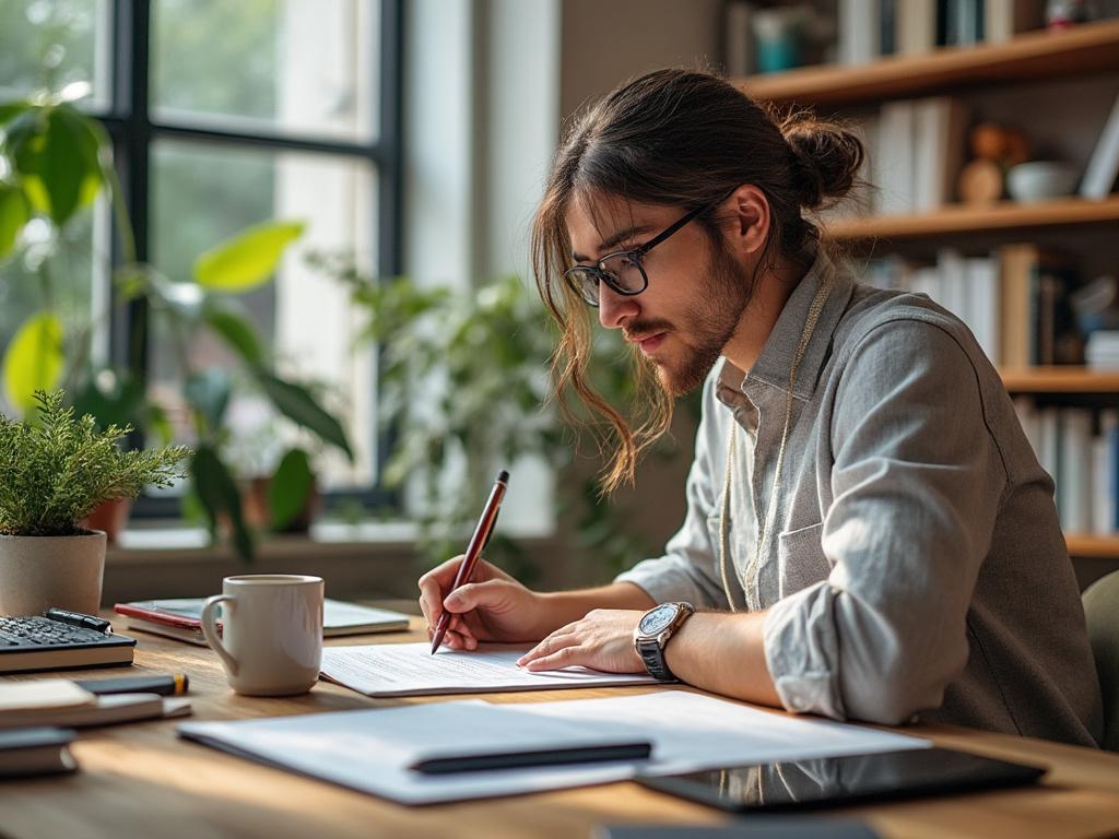 Hombre joven escribiendo en un escritorio con plantas y libros, en una oficina iluminada por la luz natural.