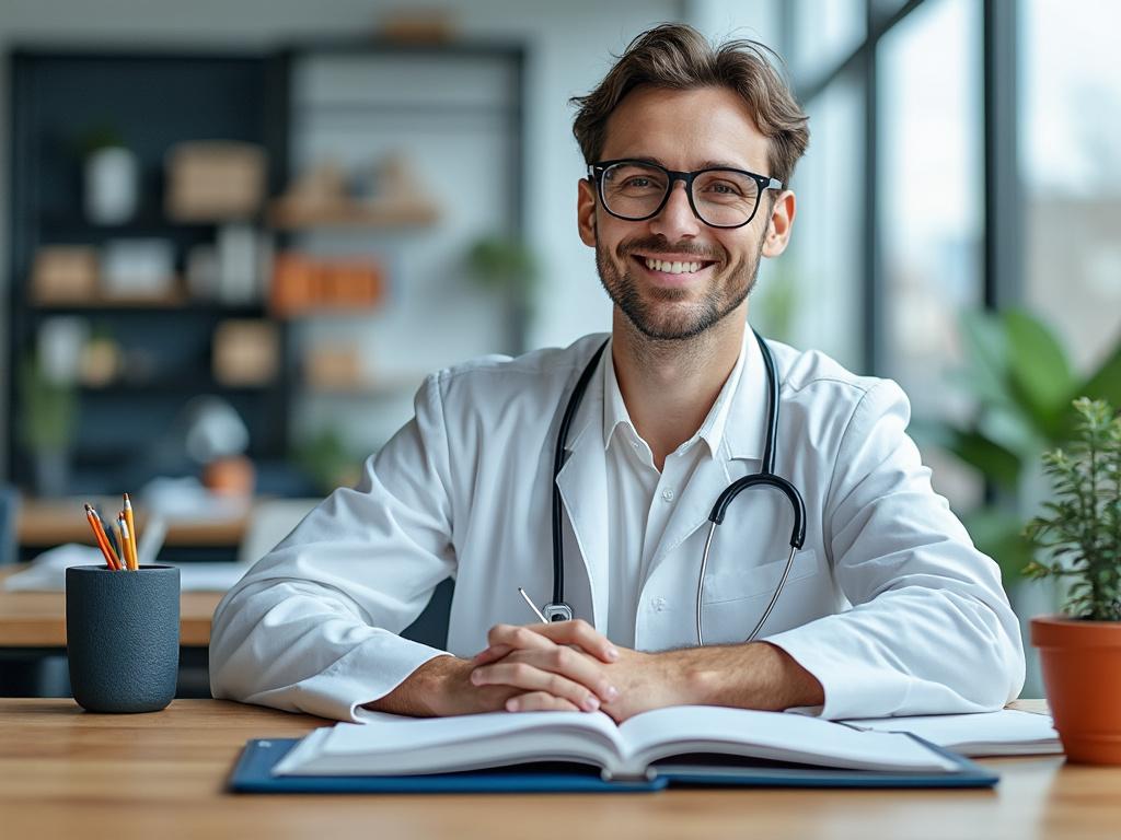 Doctor sonriente con gafas, bata blanca y estetoscopio, sentado en una oficina moderna y luminosa.