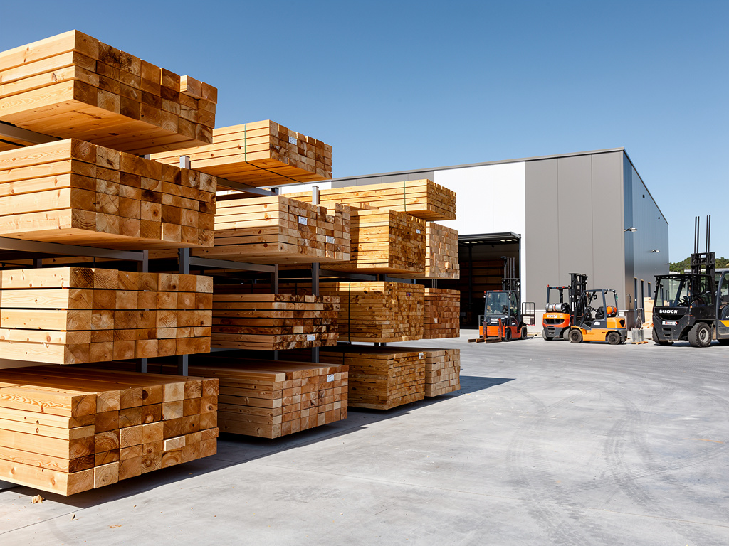 Almacén industrial con tablones de madera apilados en estanterías y carretillas elevadoras junto a nave logística