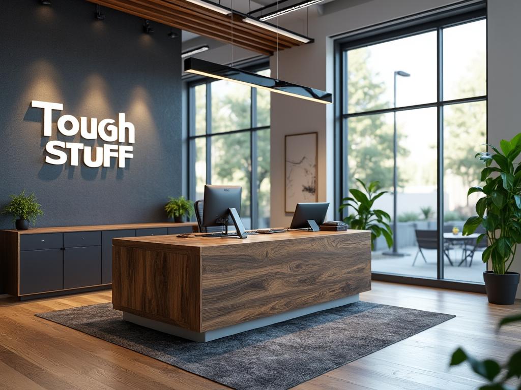 Modern office reception with wooden desk, computers, large windows, plants, and 'Tough Stuff' sign on the wall.
