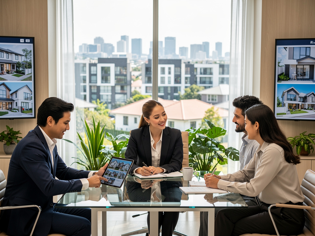 Agentes inmobiliarios asesorando a una pareja en oficina moderna con vistas urbanas y pantallas de propiedades
