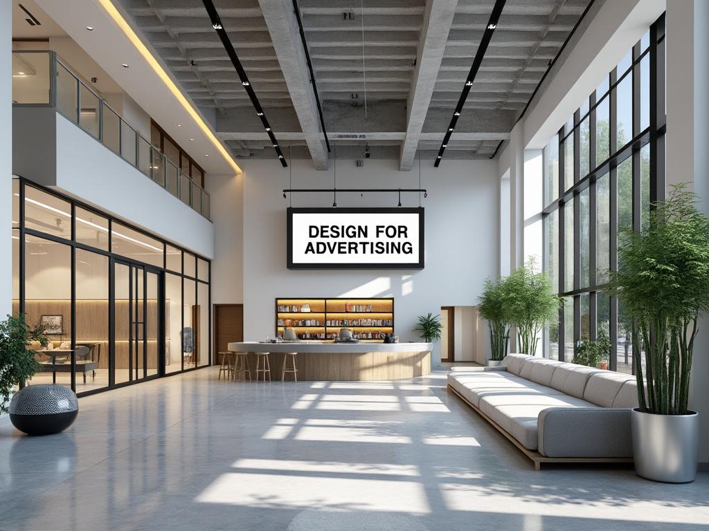Modern office lobby with large windows, sleek furniture, indoor plants, and a prominent sign reading 'Design for Advertising' above a bar counter. Modern office lobby with large windows, sleek furniture, indoor plants, and a prominent sign reading 'Design for Advertising' above a bar counter.