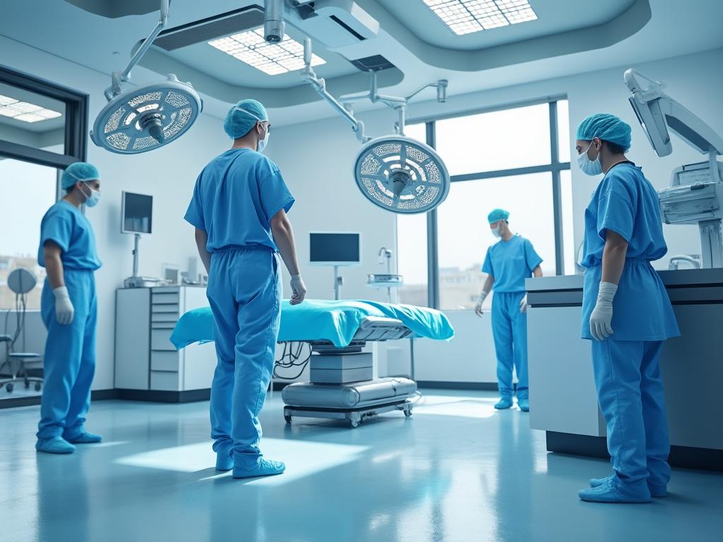 Equipo médico en un quirófano moderno, vistiendo uniforme quirúrgico azul y mascarillas.