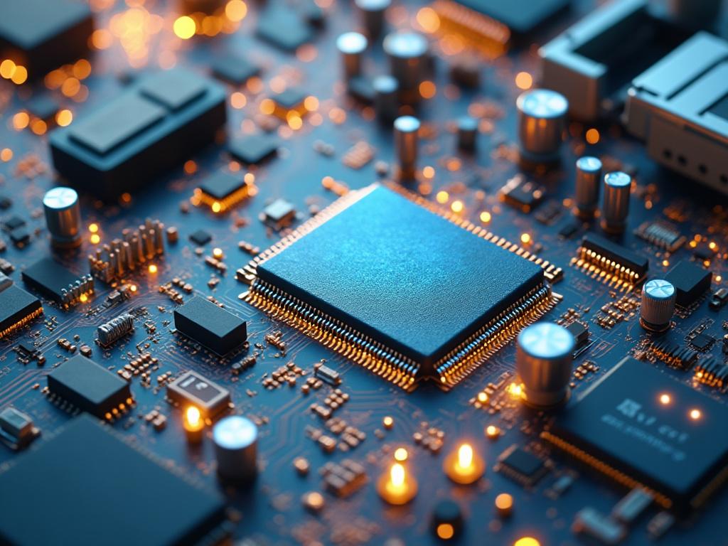 Primer plano de una placa base con circuitos integrados y chips iluminados.