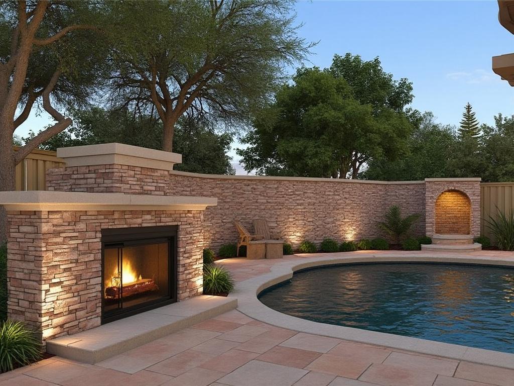 Outdoor stone fireplace and pool area with surrounding trees and evening lighting.
