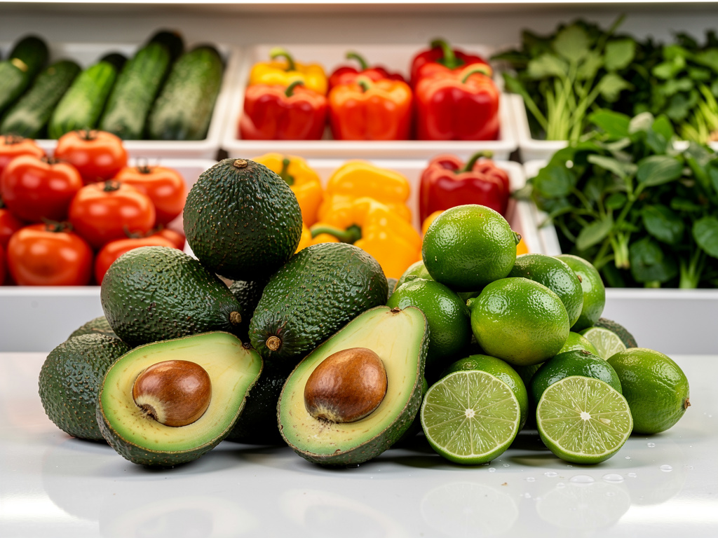 Aguacates y limas frescas en primer plano con tomates, pimientos, pepinos y hierbas al fondo en mercado