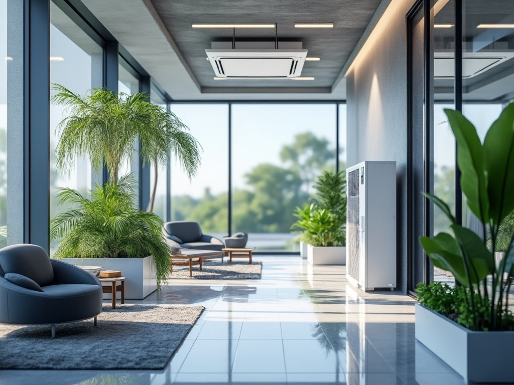 Espacio moderno con grandes ventanales, plantas verdes y sillas cómodas, iluminado naturalmente. Espacio moderno con grandes ventanales, plantas verdes y sillas cómodas, iluminado naturalmente.