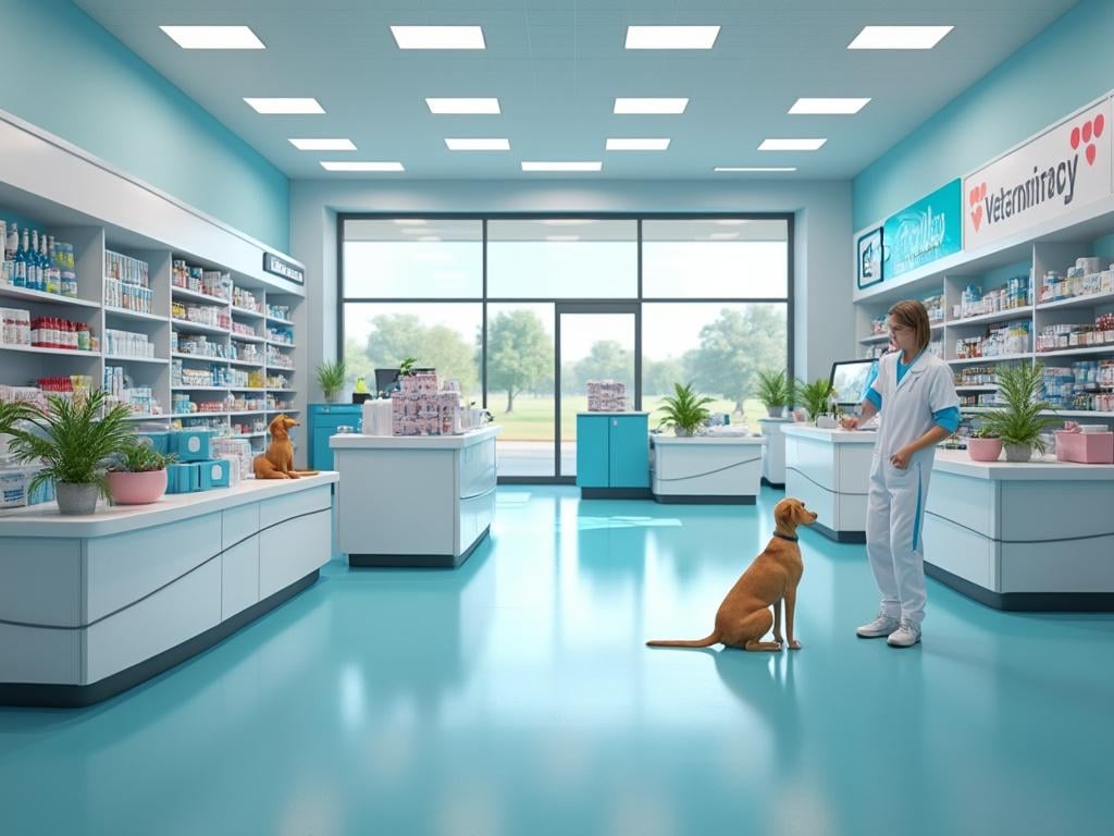 Veterinaria moderna con estantes llenos de productos para mascotas, un perro sentado y un veterinario con uniforme blanco y azul.